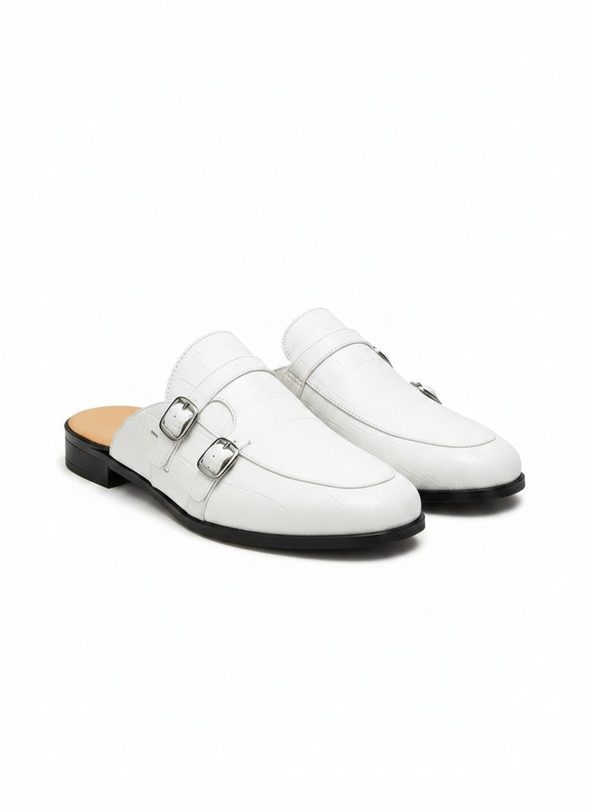 HERITAGE Croc-Embossed Double Monk Mule front view - white croc leather shoes India - Posh Hides
