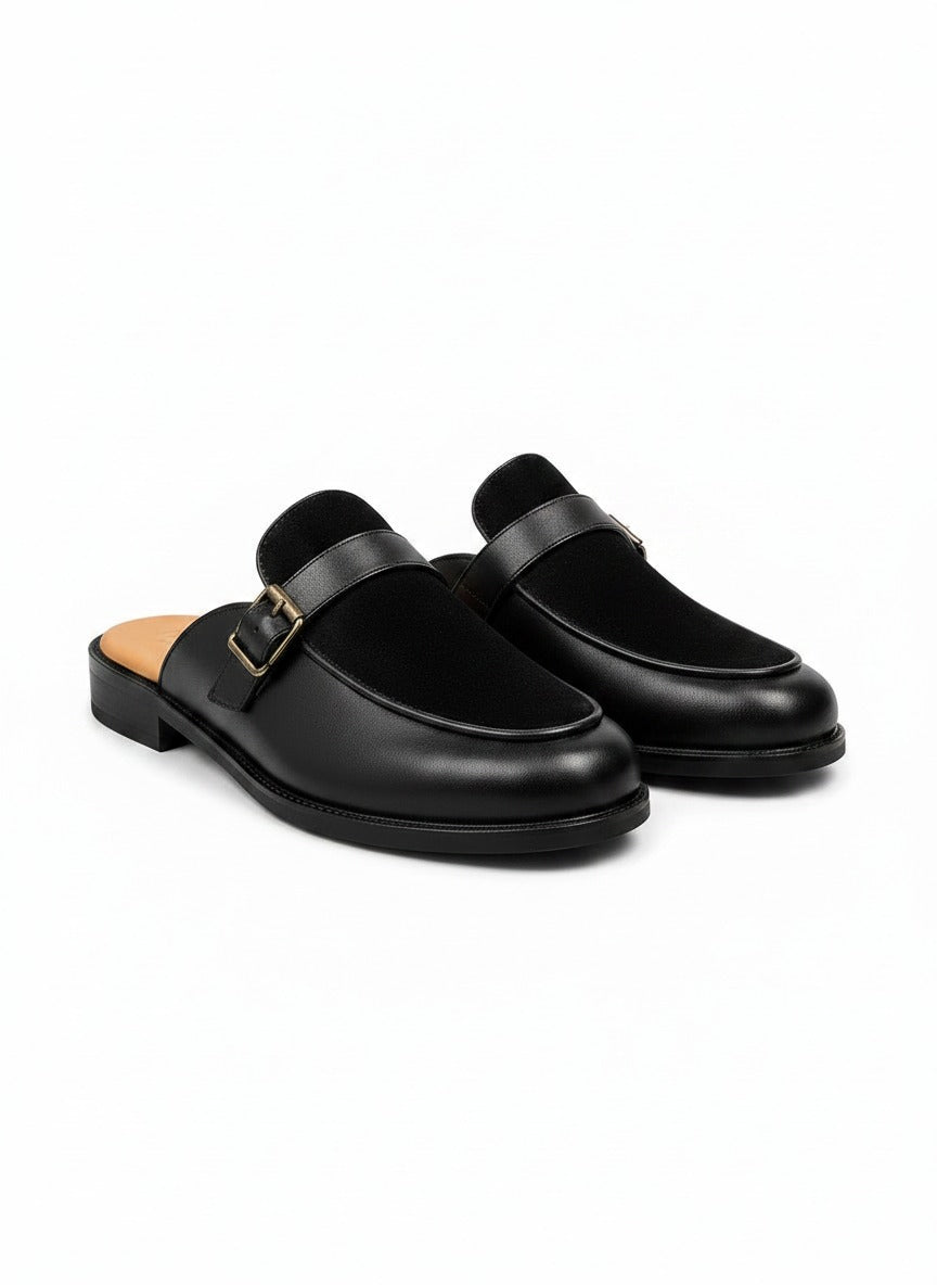 NOBLE Monk Strap Mule front view - black leather slip-on shoes India - Posh Hides