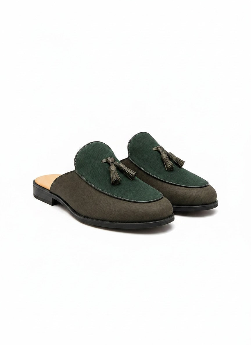 PRESTIGE Tassel Mule front view - green charcoal leather mule India - Posh Hides