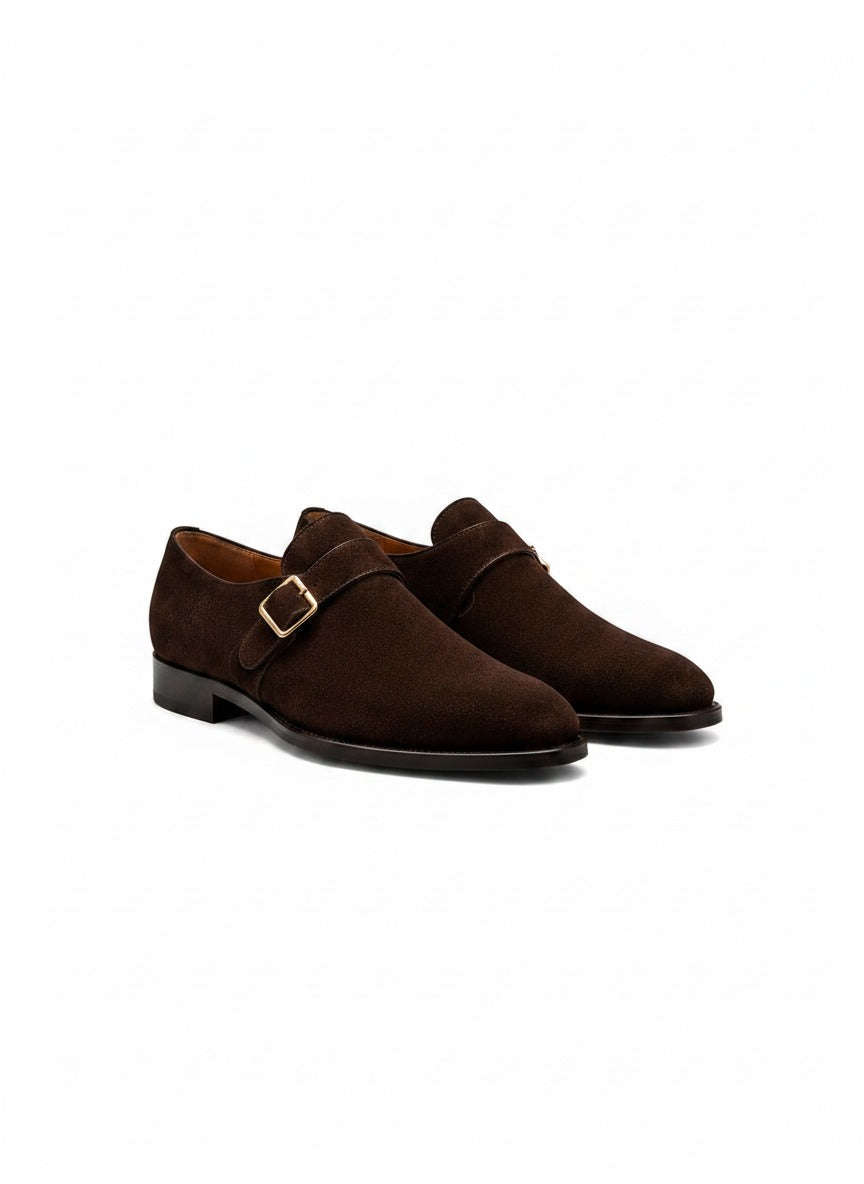 VALOR Suede Monk Strap front view - dark brown suede shoes India - Posh Hides
