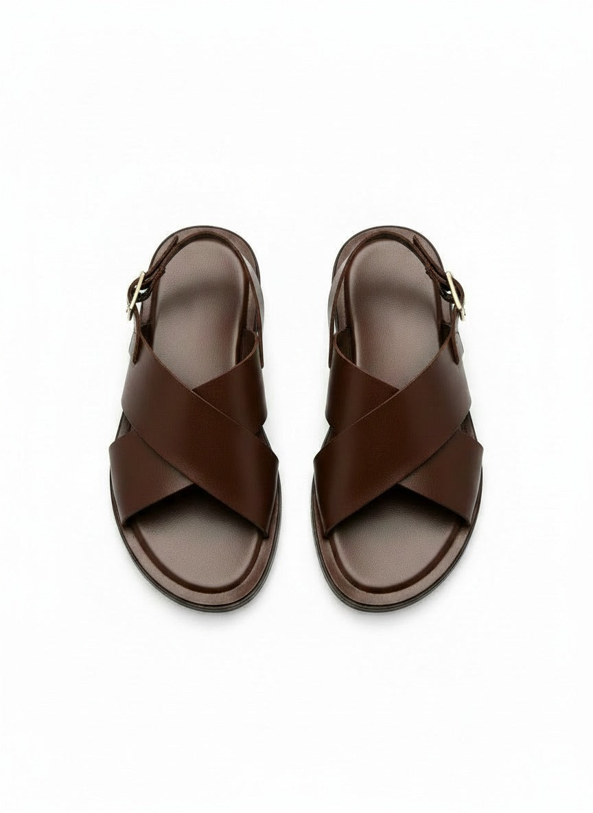 CROSS Strap Sandal front view - brown genuine leather sandals India - Posh Hides
