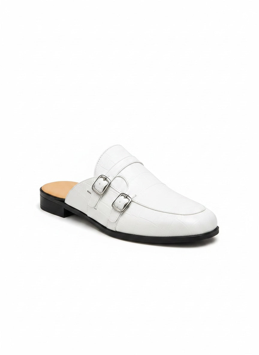 HERITAGE Croc-Embossed Double Monk Mule pair view - premium leather mule India - Posh Hides