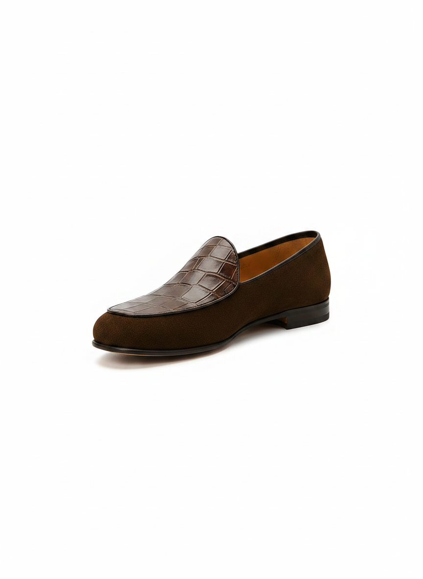 CROCO Embossed Belgian Loafer front view - brown croc-texture leather loafer India - Posh Hides